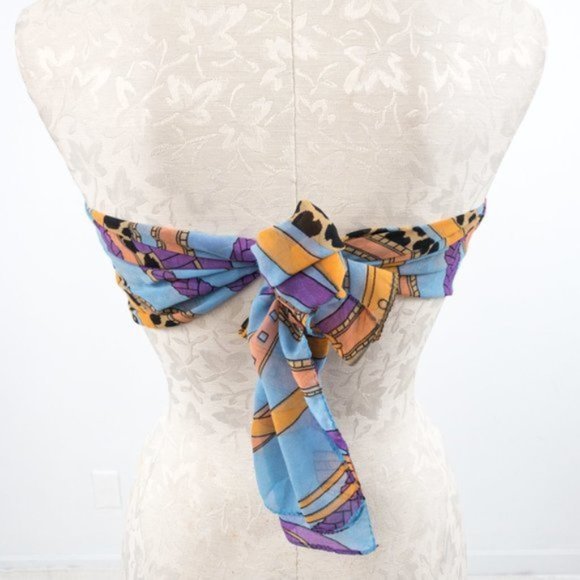 Vintage OS Silk Fashion Graphic Print Scarf Blue - Picture 9 of 12